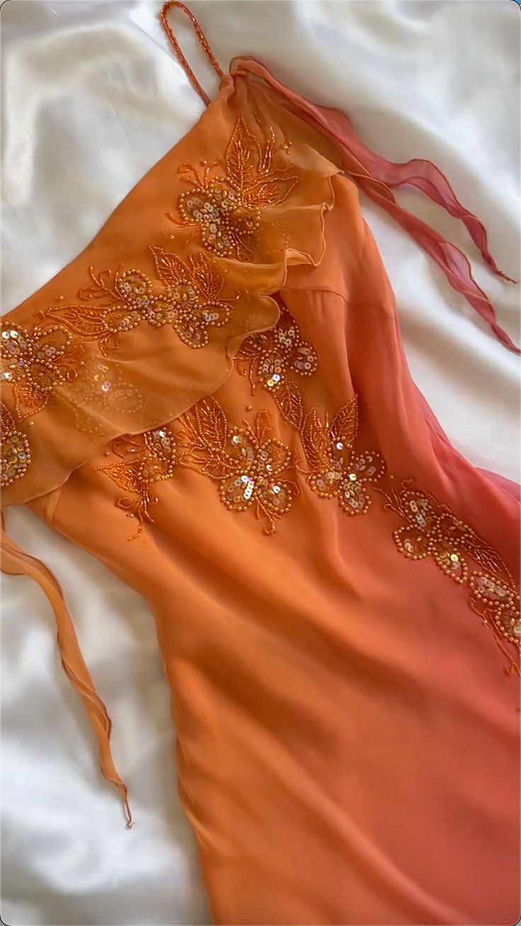 Orange Gradient Exquisite Beaded Spaghetti Strap Midi Chiffon Slim Ball Gown Evening Dress Party Dress Prom Dress gh3214
