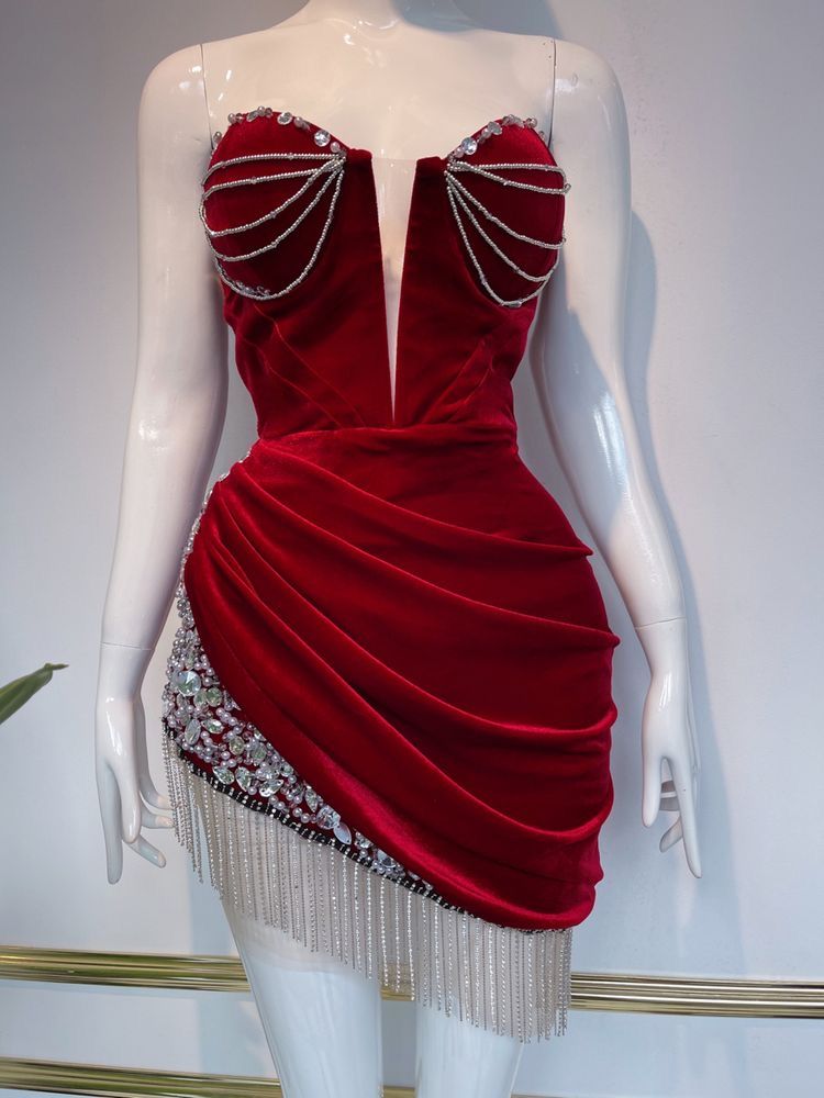 ✨Girlhomeshops🔥 Discount: 5% off orders over $100-Red Fashion Sexy Beaded Short Party Dress gh4974