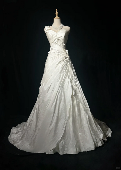 One Shoulder Vintage Bridal Gown Sweetheart Neck Beaded 3D Floral A Line Wedding Dress with Train gh9547