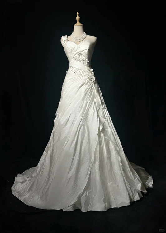 One Shoulder Vintage Bridal Gown Sweetheart Neck Beaded 3D Floral A Line Wedding Dress with Train gh9547