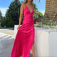 Heißes rosa A-Linie V-Ausschnitt ärmellos langes Satin Ballkleid Abendkleid Partykleid gh2921