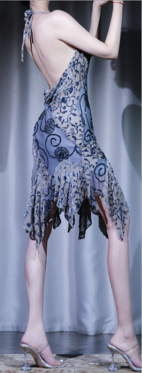 ✨Girlhomeshops-Slate Blue Halter Short Prom Dress Beaded Floral Embroidery Cowl Neck Ruffle Gown gh9991