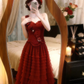 Burgundy One‑Shoulder Corset Evening Gown, 3D Rose Applique Tiered Ruffle Cake Tulle Prom Dress gh9139