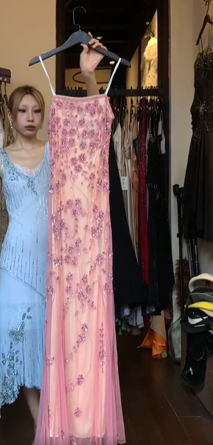 Spaghetti Strap Pink Ombre Tulle Prom Dress Straight Neck 3D Floral Beaded Embroidery Mermaid Formal Evening Gown gh9814