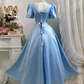 Light Blue Satin Long Evening Gown, V Neck Puff Short Sleeve Beaded Rhinestone A-Line Princess Prom Dress gh9271