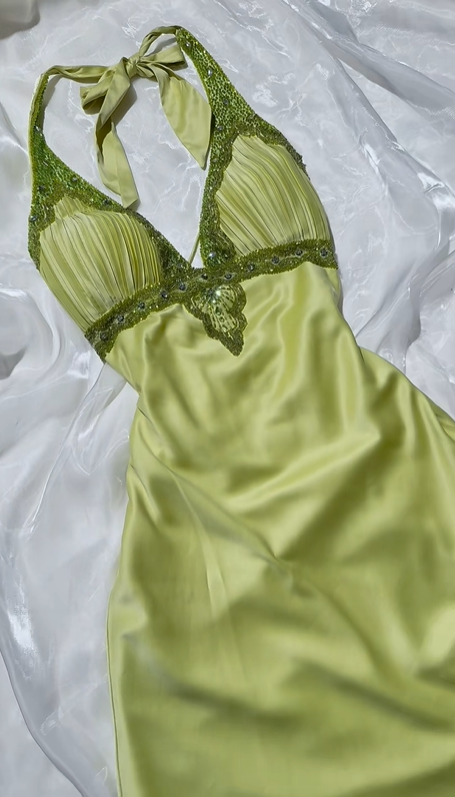 Vintage Light Green Halter High Waist Slim Long Prom & Evening Party Dress gh8531