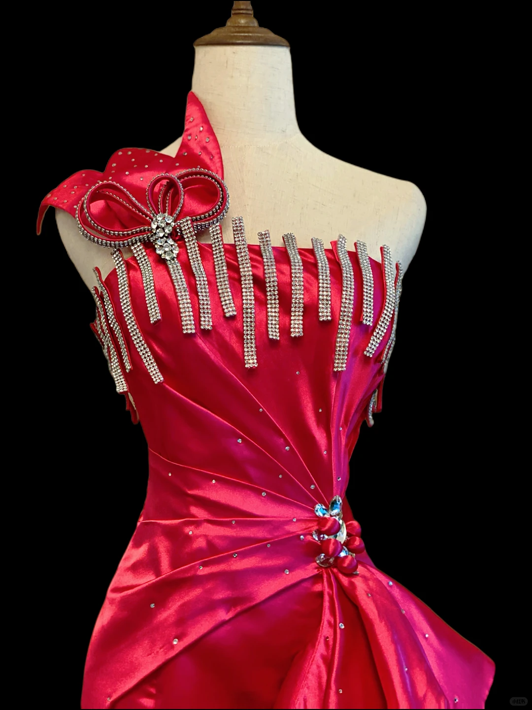 Fuchsia Satin One‑Shoulder Mermaid Evening Gown, Rhinestone Bow Ornament, Vertical Rhinestone Fringe Bust, Side Cascading Ruffle With Floral Crystal Buckle, Mermaid Silhouette With Short Train, Pageant Prom Dress gh8906