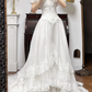 Ivory Vintage Wedding Gown, V‑Neck Lace Flutter Sleeves, Lace Appliqué Fitted Waist, Flowy Multi‑Layer Tulle Skirt, Lace Appliqué Details, Multi‑Tier Lace Hem, Long Lace Train, Bridal Prom Dress gh8733