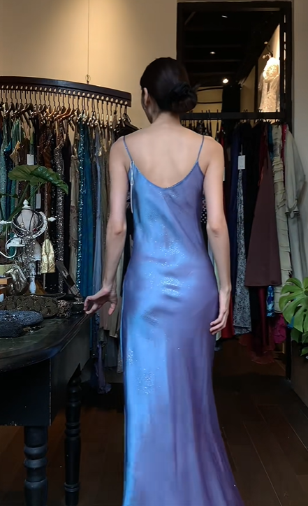 Iridescent Blue Spaghetti Straps Long Formal Gown Shimmer Satin Straight Evening Dress gh9669