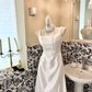 White Satin Spaghetti Strap Waist-Cinched Figure-Flattering Long Classic Elegant Romantic Dress, Wedding Gown gh7733
