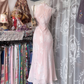 Vintage Blush Pink Sleeveless White Print Fitted Waist Slim Prom & Evening Party Dress gh8488