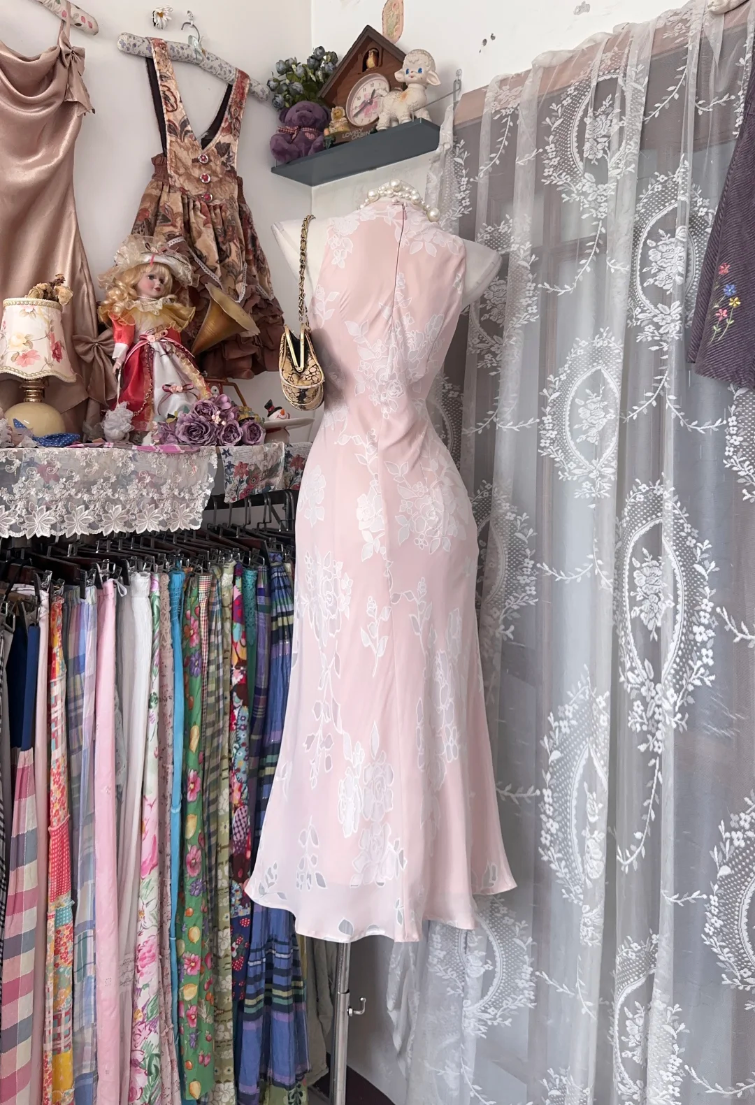 Vintage Blush Pink Sleeveless White Print Fitted Waist Slim Prom & Evening Party Dress gh8488
