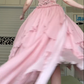 Dusty Pink Strapless Corset Ball Gown, Velvet Jacquard Bodice Pearl Chain Ornament Asymmetrical Ruffled Skirt Formal Prom Dress gh8990