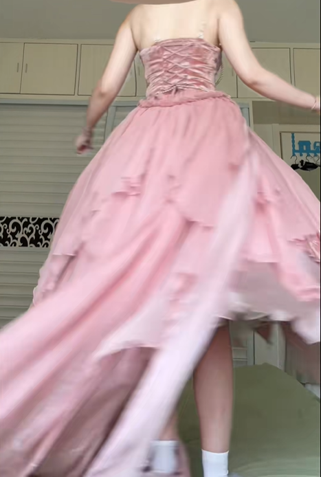 Dusty Pink Strapless Corset Ball Gown, Velvet Jacquard Bodice Pearl Chain Ornament Asymmetrical Ruffled Skirt Formal Prom Dress gh8990