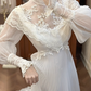 Ivory Vintage Pleated Tulle Wedding Prom Dress, Lace High Neck Illusion V‑Neck, Puff Long Sleeves, Floral Lace Appliqués, High Waist, Multi‑Tier Lace Long Train gh8681