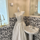 Silver Strapless Rhinestone Cinched Waist Full Flared Skirt Long Romantic Dress, Wedding Gown gh7813