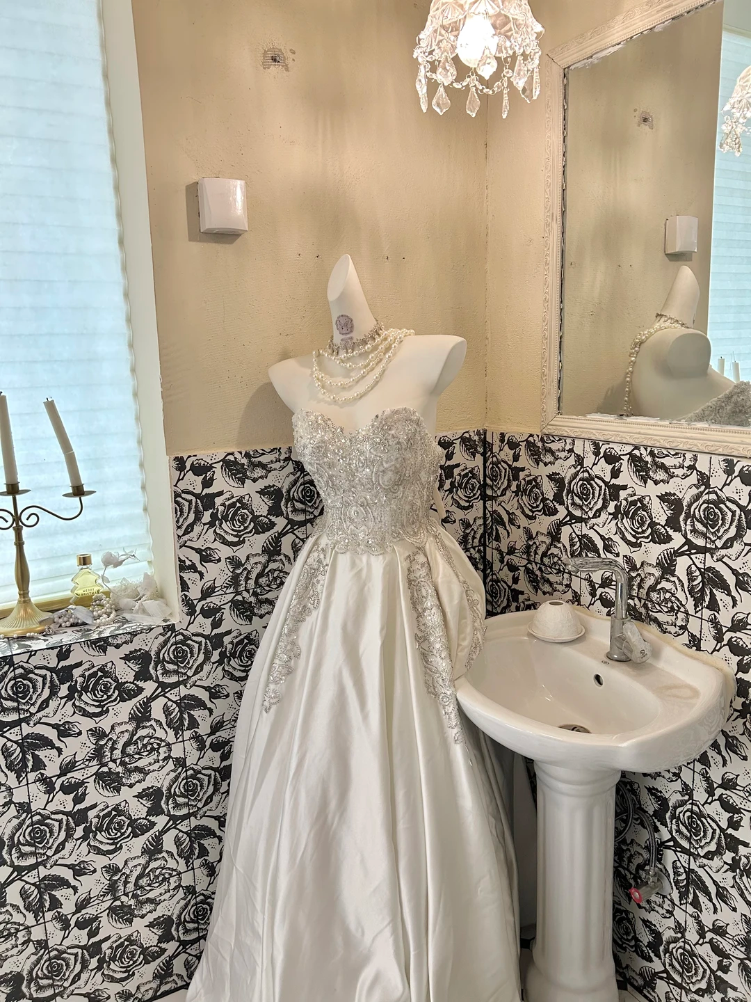 Silver Strapless Rhinestone Cinched Waist Full Flared Skirt Long Romantic Dress, Wedding Gown gh7813