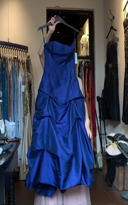 Spaghetti Strap Royal Blue Satin Prom Dress Draped Tiered Ruffle Formal Evening Gown gh9811