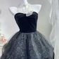 Black Velvet Long Evening Gown, Strapless Bodice Multi-Layer Glitter Tulle Cake Skirt Princess Prom Dress gh9278
