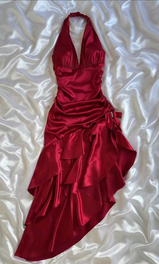 Robe de soirée élégante en satin à volants, robe de soirée ...