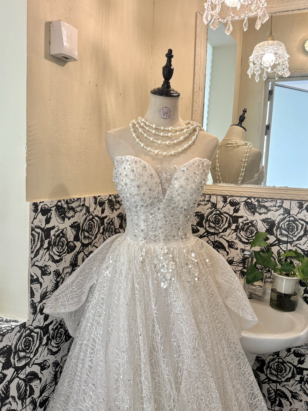 Ivory Strapless Waist-Cinched Rhinestone Voluminous Full Flared Skirt Romantic Dress, Wedding Gown gh7664
