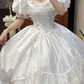 White Vintage Satin Ball Gown Wedding Prom Dress, Square Neck Puff Short Sleeves, Ruffle Trim, Multi‑Tier Lace Cake Hem gh8701