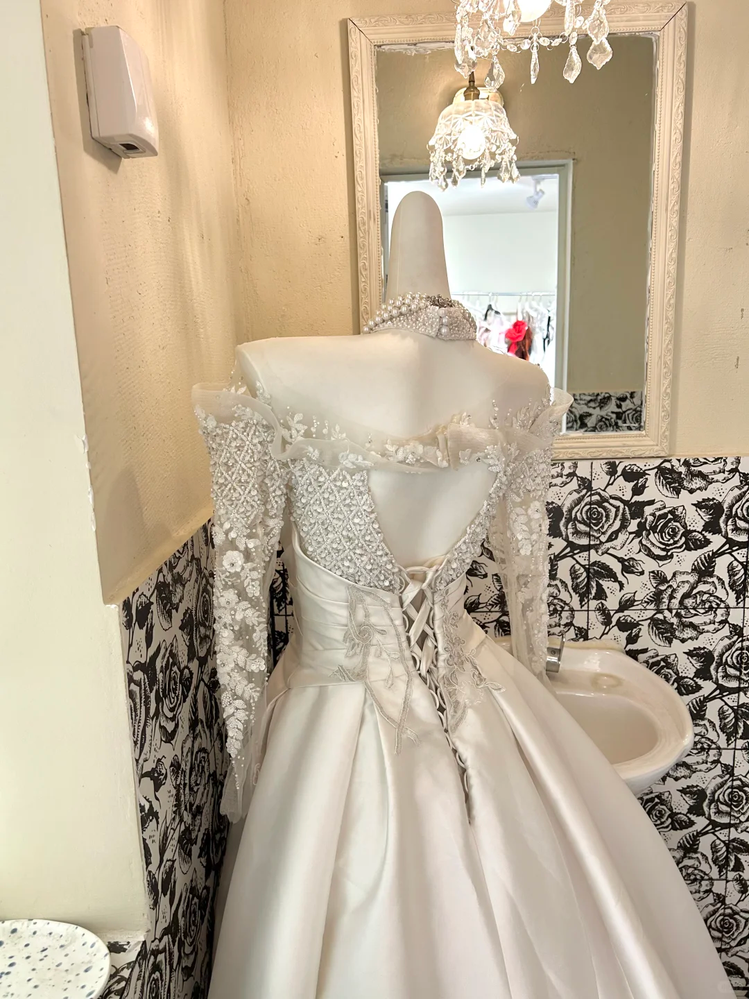 Ivory Long Sleeve Sheer Rhinestone Cinched Waist Full Flared Skirt Long Premium Vintage Romantic Dress, Wedding Gown gh7788