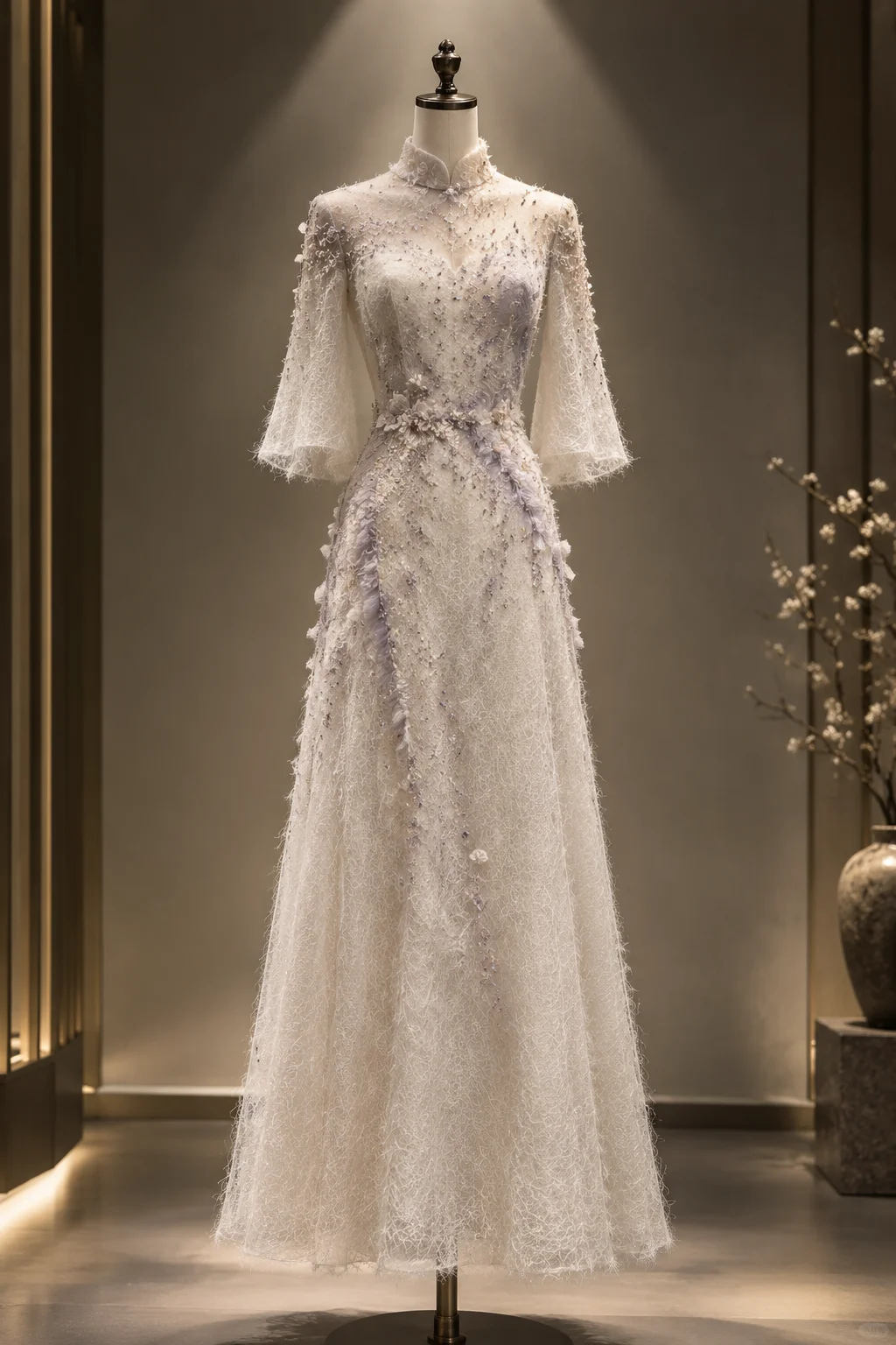 ✨Girlhomeshops-Ivory Lavender Beaded 3D Flower Qipao Cheongsam Evening Dress gh10377