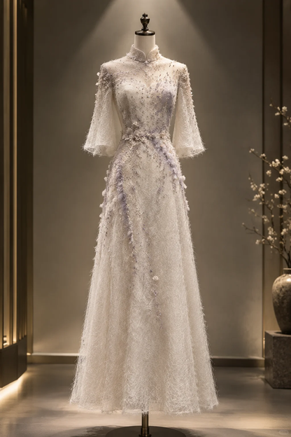 ✨Girlhomeshops-Ivory Lavender Beaded 3D Flower Qipao Cheongsam Evening Dress gh10377