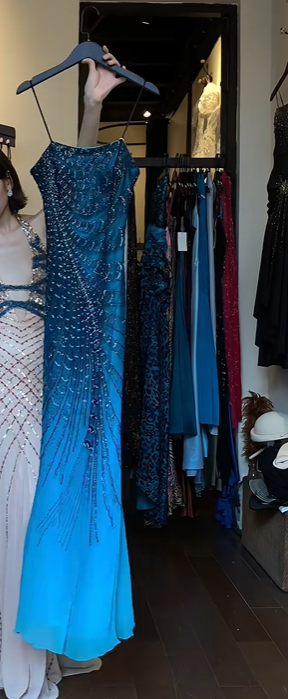 Ombre Blue Spaghetti Straps Evening Gown Peacock Hand Beaded Tassel Mermaid Long Formal Prom Dress gh9746