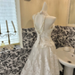 White Strapless Lace Cinched Waist Full Flared Skirt Sexy Elegant Romantic Dress, Wedding Gown gh7794