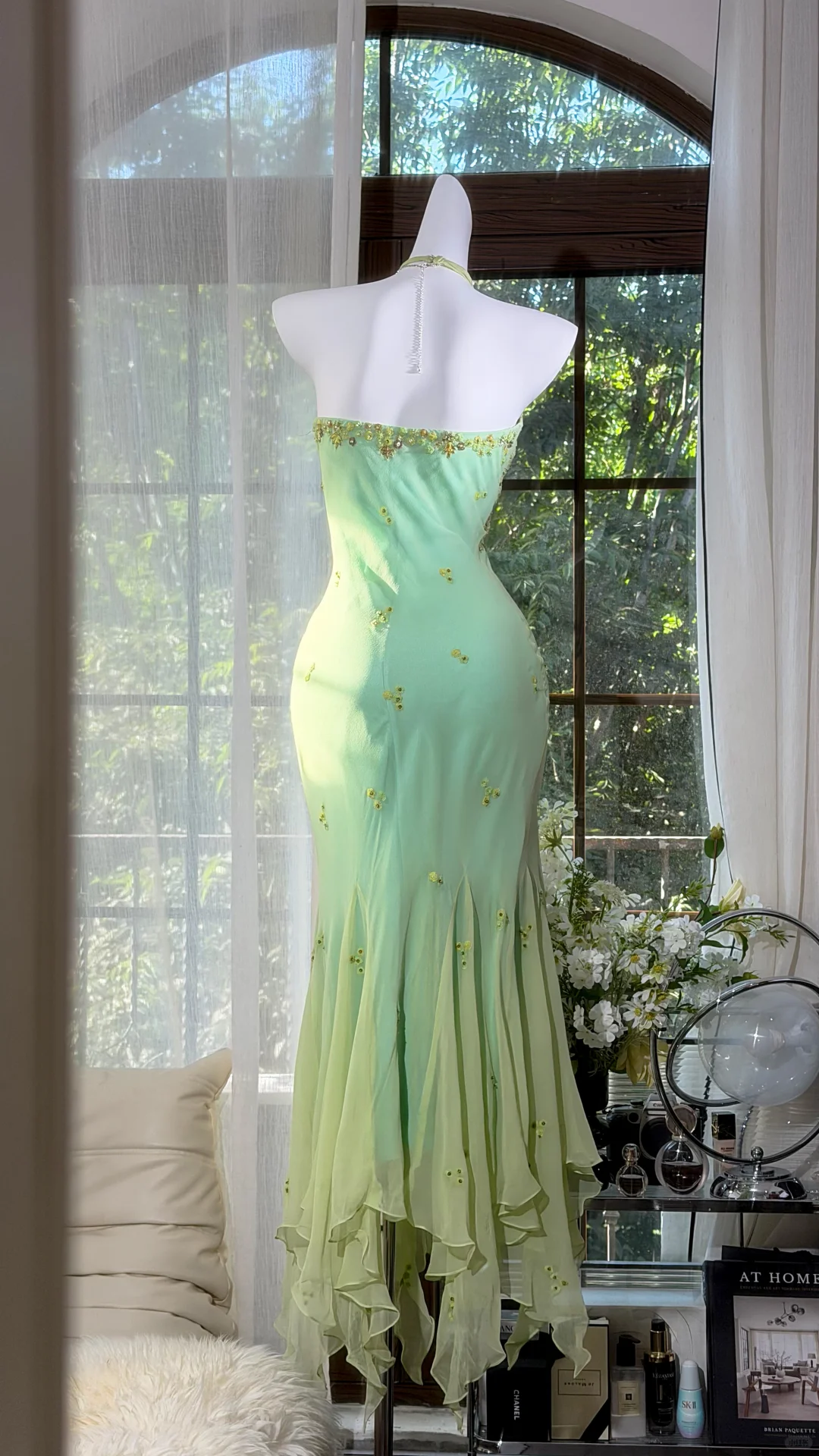 Light Mint Green Halter Beaded Irregular Mermaid Evening Dress with Matching Shawl, Prom Gown gh9509