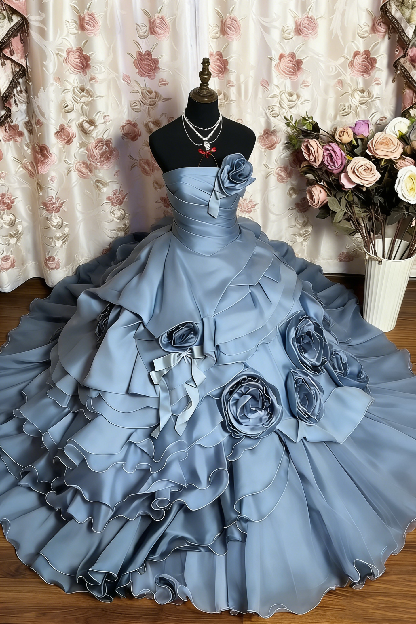 Red Vintage Floral Beaded Long Tulle Ball Gown gh4950