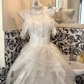 White Off-Shoulder Waist-Cinched Fluffy Skirt Long Elegant Romantic Dress, Wedding Gown gh7497