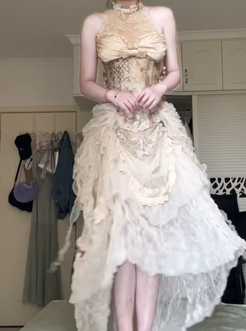 Light Champagne Halter High‑Neck Prom Gown, Lace Corset Bow High‑Low Ruffled Tulle Evening Dress gh9059