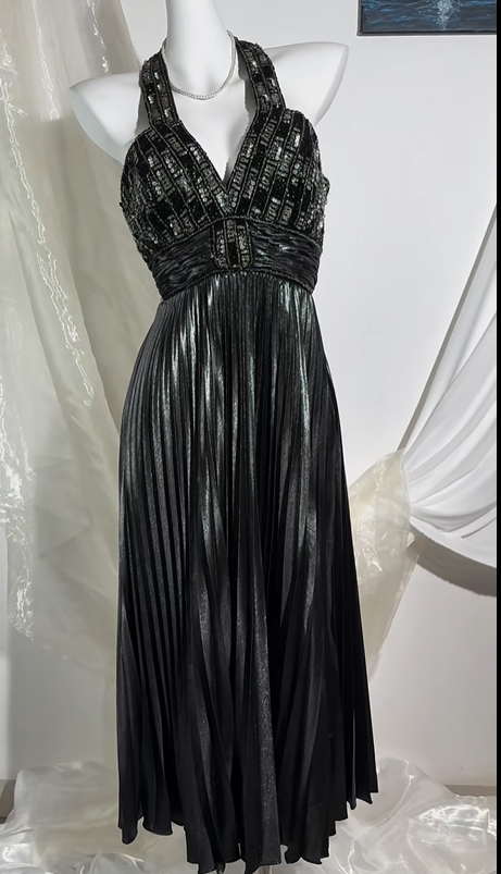 Sexy Vintage Black Gray Spaghetti Strap Prom & Evening Party Dress, Beaded Details, High Waist Silhouette gh8568