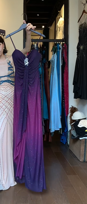 Ombre Purple Spaghetti Straps Evening Gown Ruched Rhinestone Sparkly Chiffon Long Formal Prom Dress gh9751