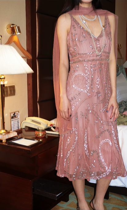Blush Pink Vintage Sequin Spaghetti Strap Elegant Long Prom & Evening Party Dress gh8383