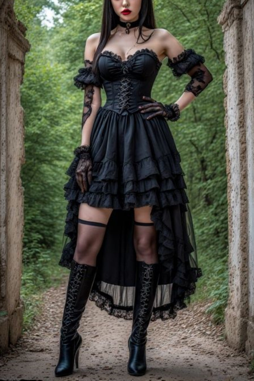 girlhomeshops - Robe de soirée noire unique à manches courtes et corset transparent asymétrique gh6191