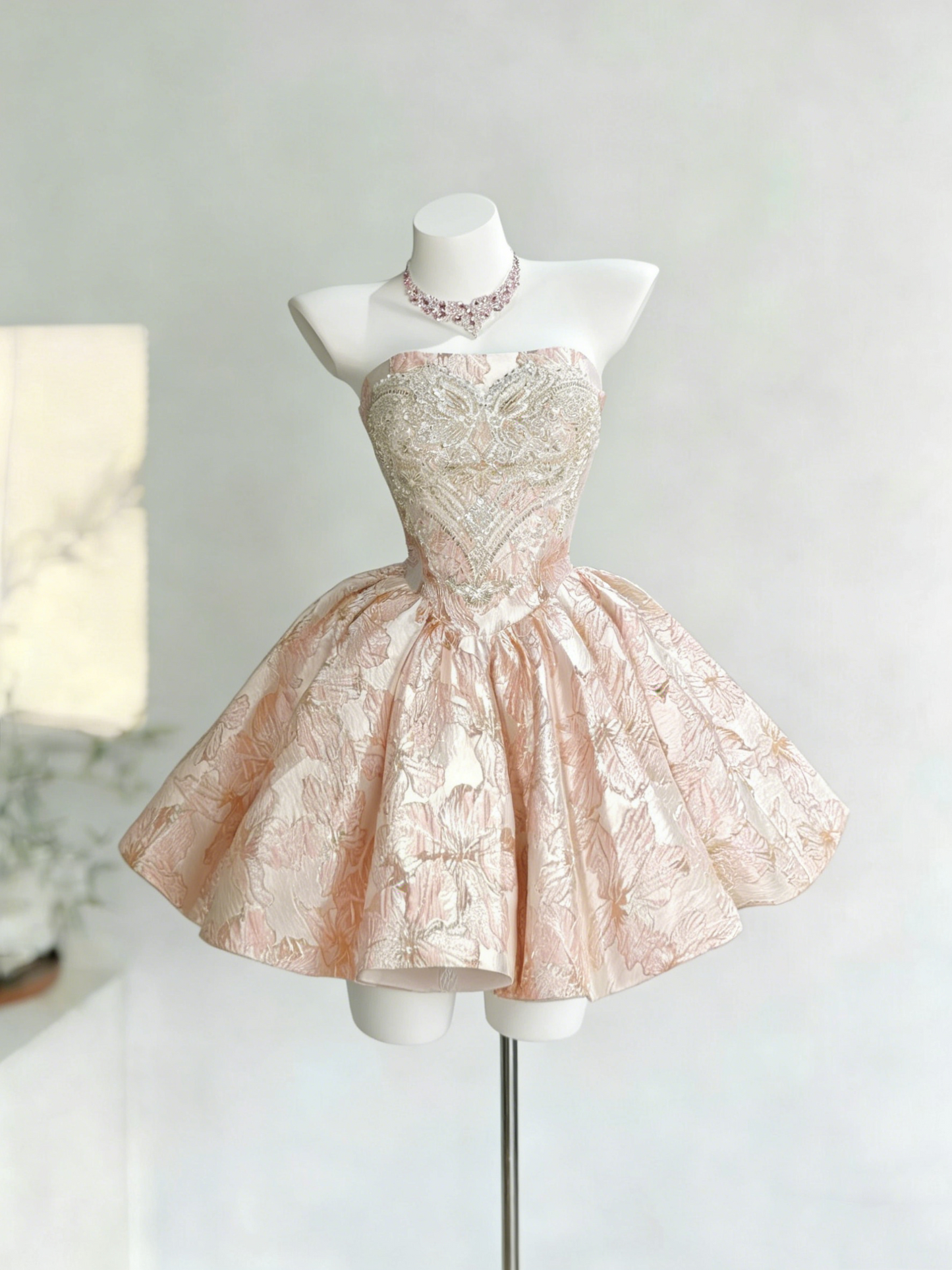 Pink-Gold Butterfly Feather Strapless Beaded Mini Ball Gown gh6922