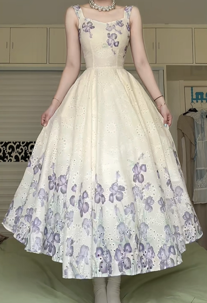 Ivory Purple Iris Print Midi Evening Gown, Square Sweetheart Neck Eyelet Embroidery A‑Line Formal Prom Dress gh8975