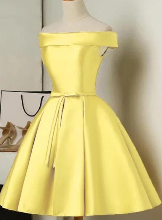 Red/Pink/Yellow/Blue Cute Off Shoulder Short Elegant Satin Prom Dress Homecoming Dress Party Dress 8211