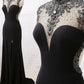 Schwarzes, perlenbesetztes Rollkragenkleid im Meerjungfrauenstil aus Tüll, Abendkleid, Partykleid mit Schlitzen gh4897
