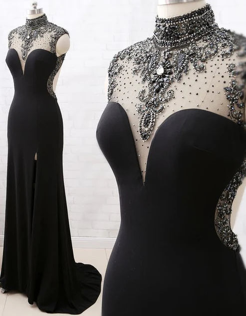 Schwarzes, perlenbesetztes Rollkragenkleid im Meerjungfrauenstil aus Tüll, Abendkleid, Partykleid mit Schlitzen gh4897