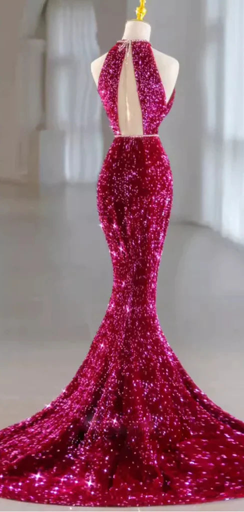 Robe de soirée longue rose magnifique, brillante, exquise, perlée, col licou, sirène, paillettes, longueur au sol, robe de bal, robe de soirée gh3395