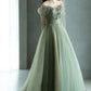 Green beautiful charming floral applique tulle long formal prom dress, evening dress, party dress gh2530