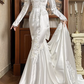 White Vintage Satin Mermaid Wedding Gown, V‑Neck Leg‑of‑Mutton Puff Long Sleeves, Lace Cuffs, Lace Appliqués Fitted Bodice, Floral Lace Embroidery Mermaid Skirt, Scalloped Lace Hem Long Train, Prom Dress gh8664