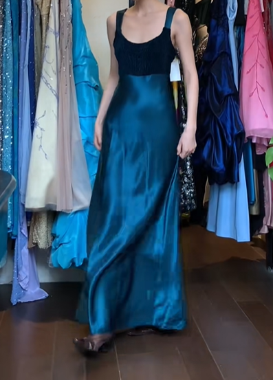 Teal Blue Black Vintage Prom Dress Wide Straps Square Neck Heavy Beaded Bodice Satin A-Line Long Evening Gown gh9627