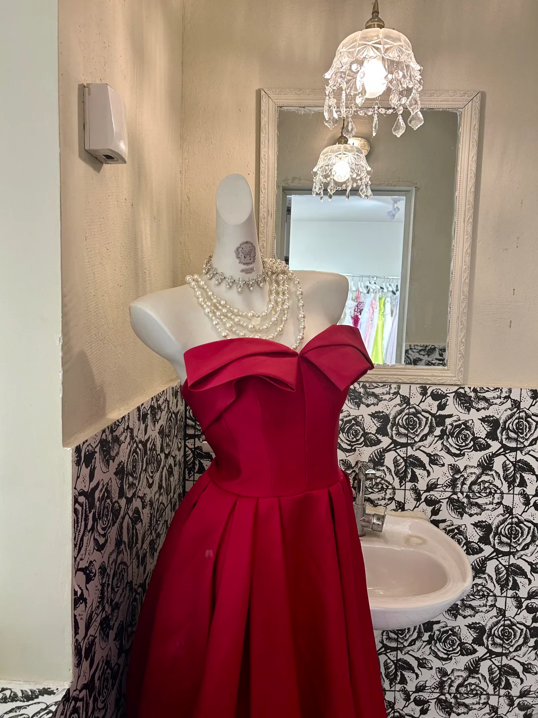 Red Satin Strapless Waist-Cinched Full Flared Skirt Sexy Romantic Dress, Wedding Gown gh7691