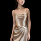 Gold Spaghetti Straps Waist-Cinched Fitted Satin Elegant Long Evening Dress, Fairy Gown, Romantic Gown gh7375